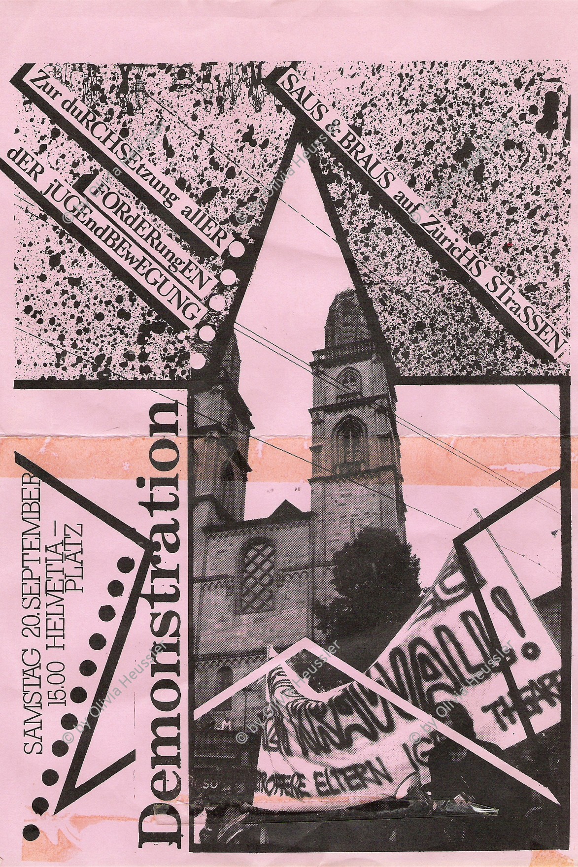 Image of sheet 19800191 photo 6: Flugblatt mit Fotografie vom Grossmuenster mit Transparent «Ohne Polizei kein Krawall» am Tag der Unzufriedenen, Zuerich 1980.
Press archive printed media published with the use of a photography by Olivia Heussler. 

Protest flyer graphic art kunst design Flugblatt by Roli Fischbacher unter Verwendung einer Fotografie von Olivia Heussler

Jugendbewegung Bewegig AJZ Zürcher Jugendunruhen Demonstrationen Schweiz Switzerland Zürich Europe